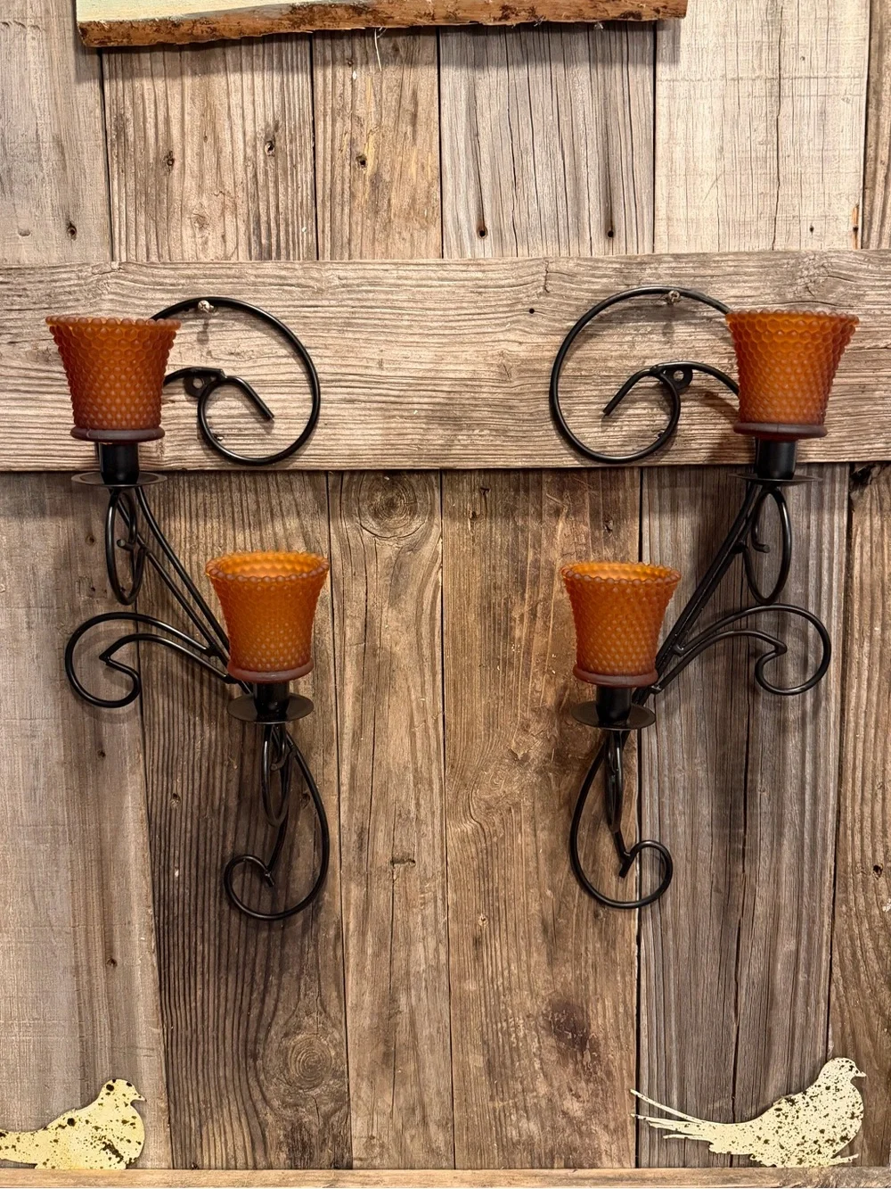Pair of Black Metal BOHO Wall Candle Sconces with Amber Glass Votive Holders
